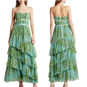 Hutch Green Strapless Lanza Tiered Tulle Maxi Dress Gown Womens 8 Prom Formal